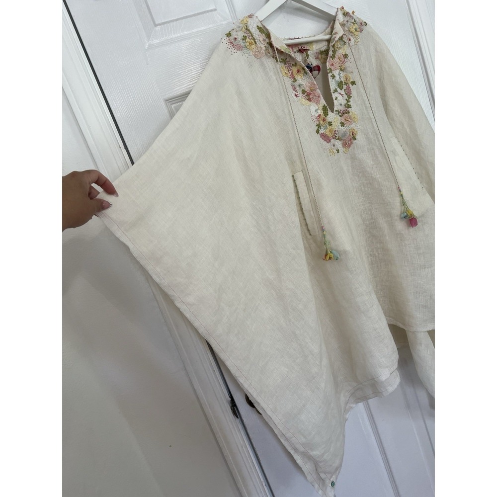 Péro Aneeth Arora 100% Linen Floral Embroidered Kaftan Poncho Tunic Sz 38 Luxury - Picture 9 of 16
